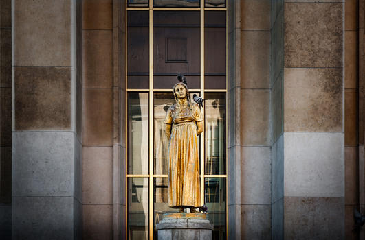 法国巴黎街头金色女神雕塑与鸽子图片素材免费下载