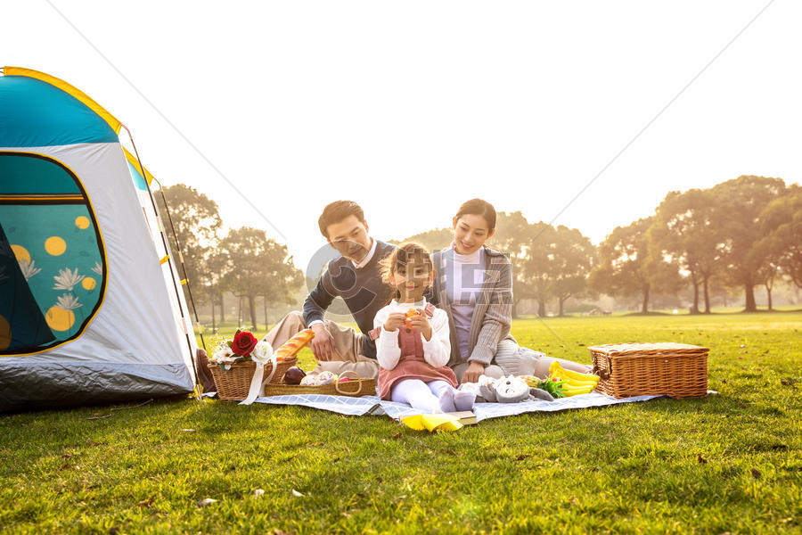 一家人欢乐地在草坪野餐图片素材免费下载