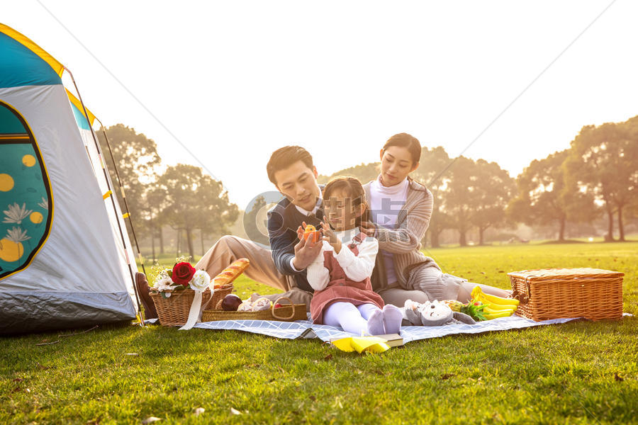 一家人欢乐地在草坪野餐图片素材免费下载