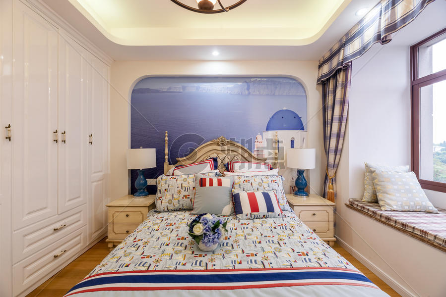 海洋风格样板房卧室床铺图片素材免费下载