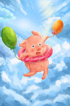 夏日蓝天气球小猪猪图片素材免费下载