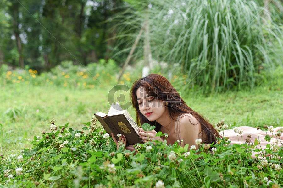 趴在花丛中看书的美女图片素材免费下载
