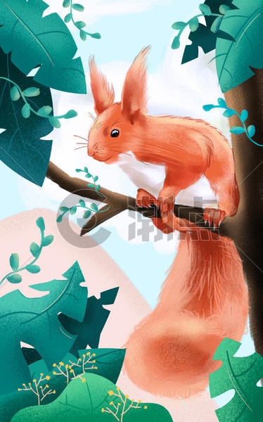 松鼠树林手绘插画图片素材免费下载