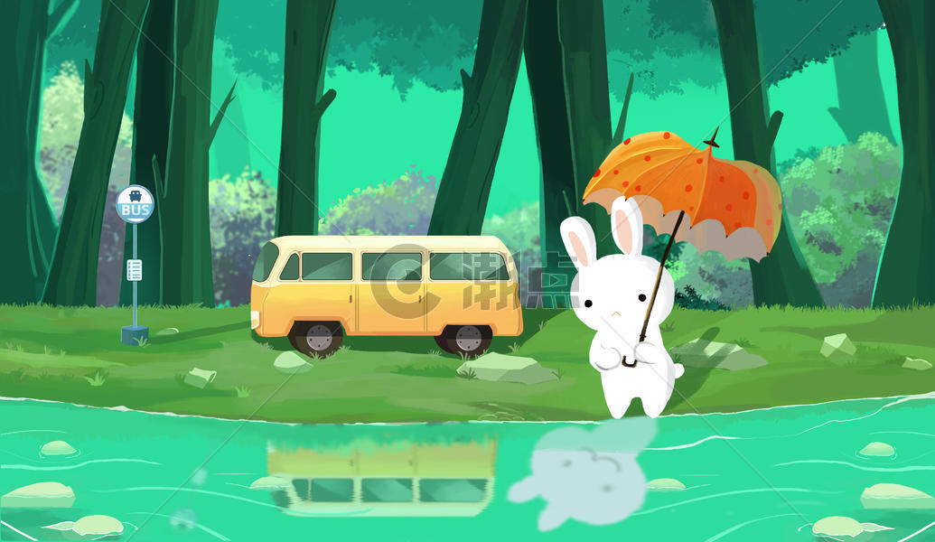 森林里打伞的兔子图片素材免费下载