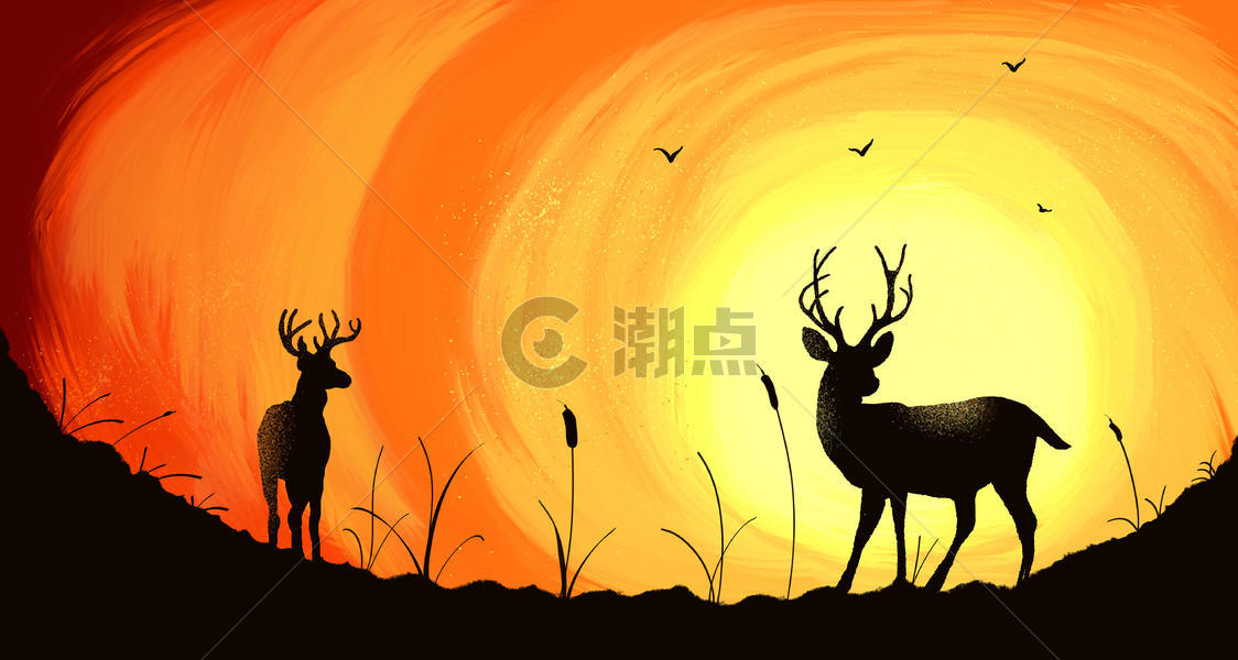 暖色夕阳下的两只麋鹿的剪影图片素材免费下载
