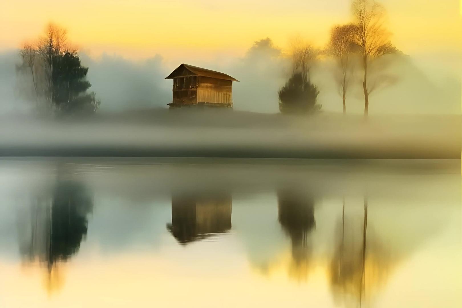 清晨乡村充满雾气的湖边倒影视频的预览图