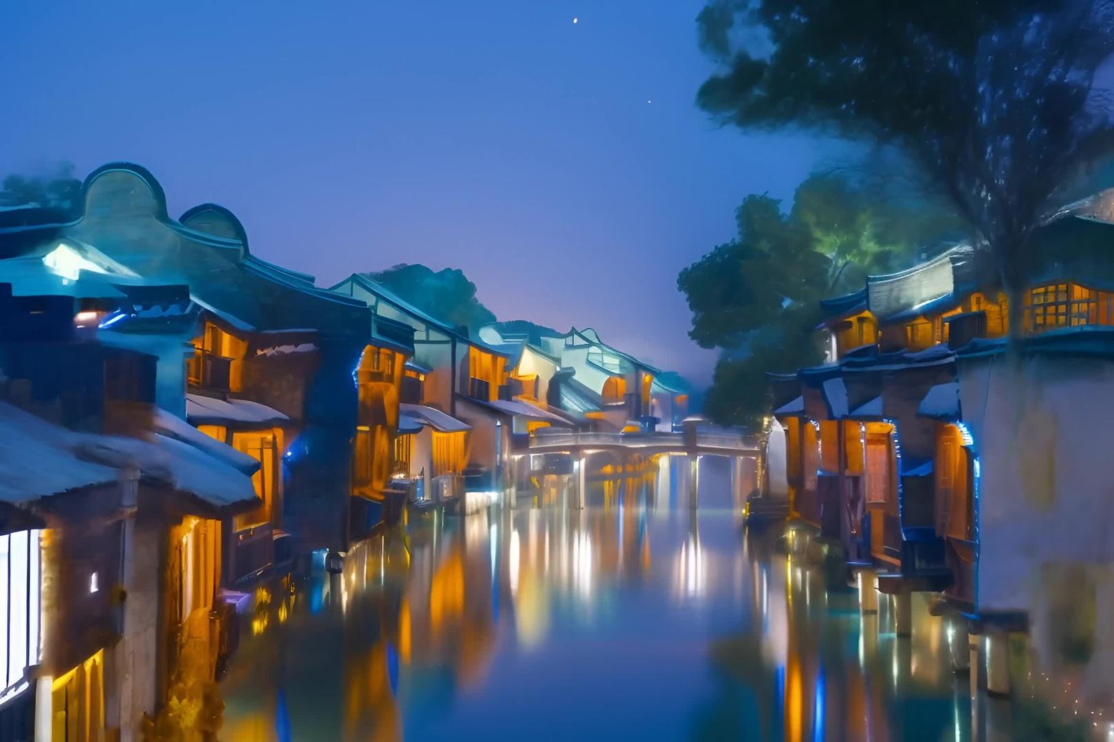 雪后浙江乌镇夜景视频的预览图