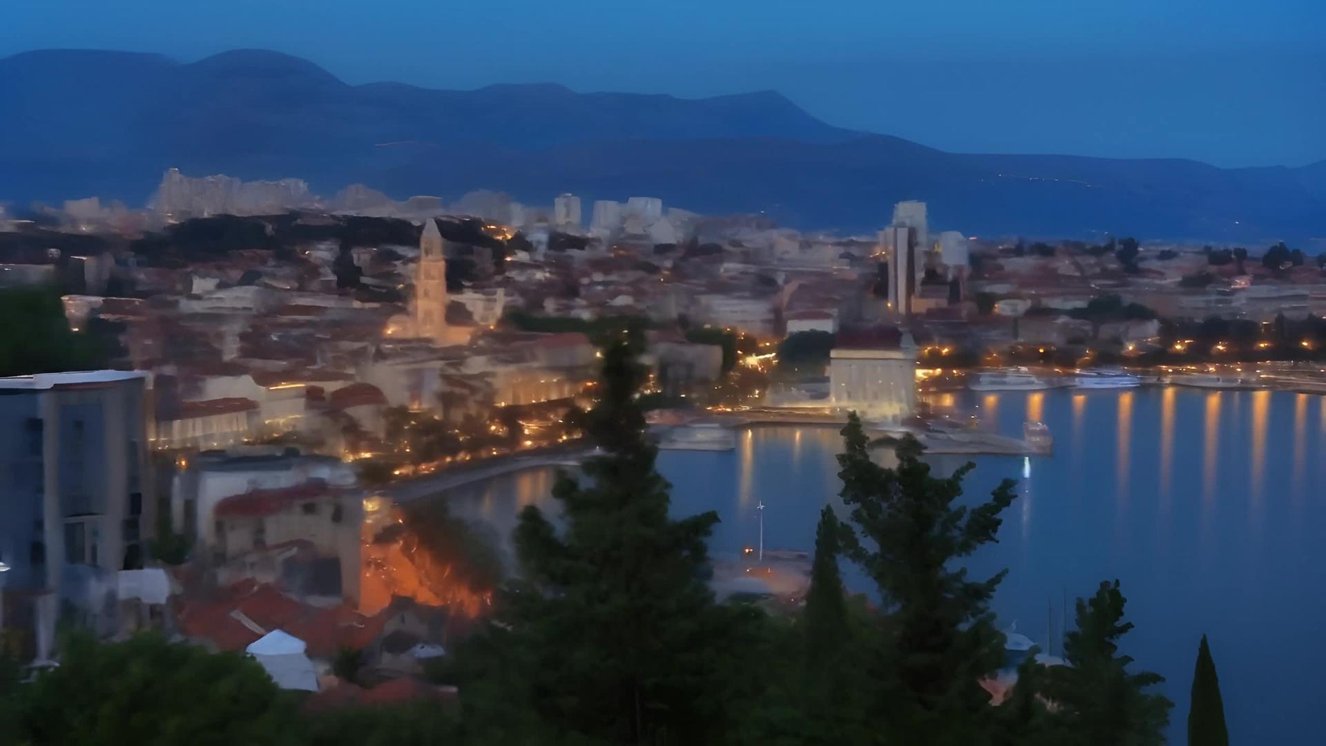 克罗地亚海滨城市夜景风景视频的预览图