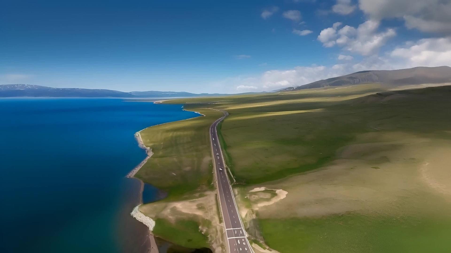 5A景区航拍新疆赛里木湖景区环湖公路视频的预览图