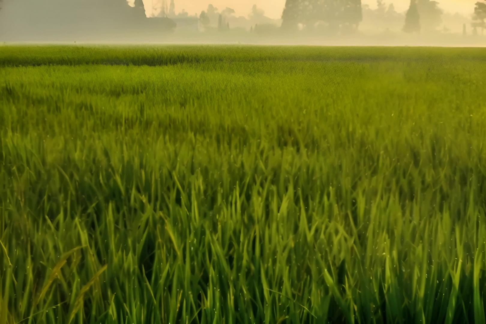 早晨雾中挂满露珠的稻田视频的预览图