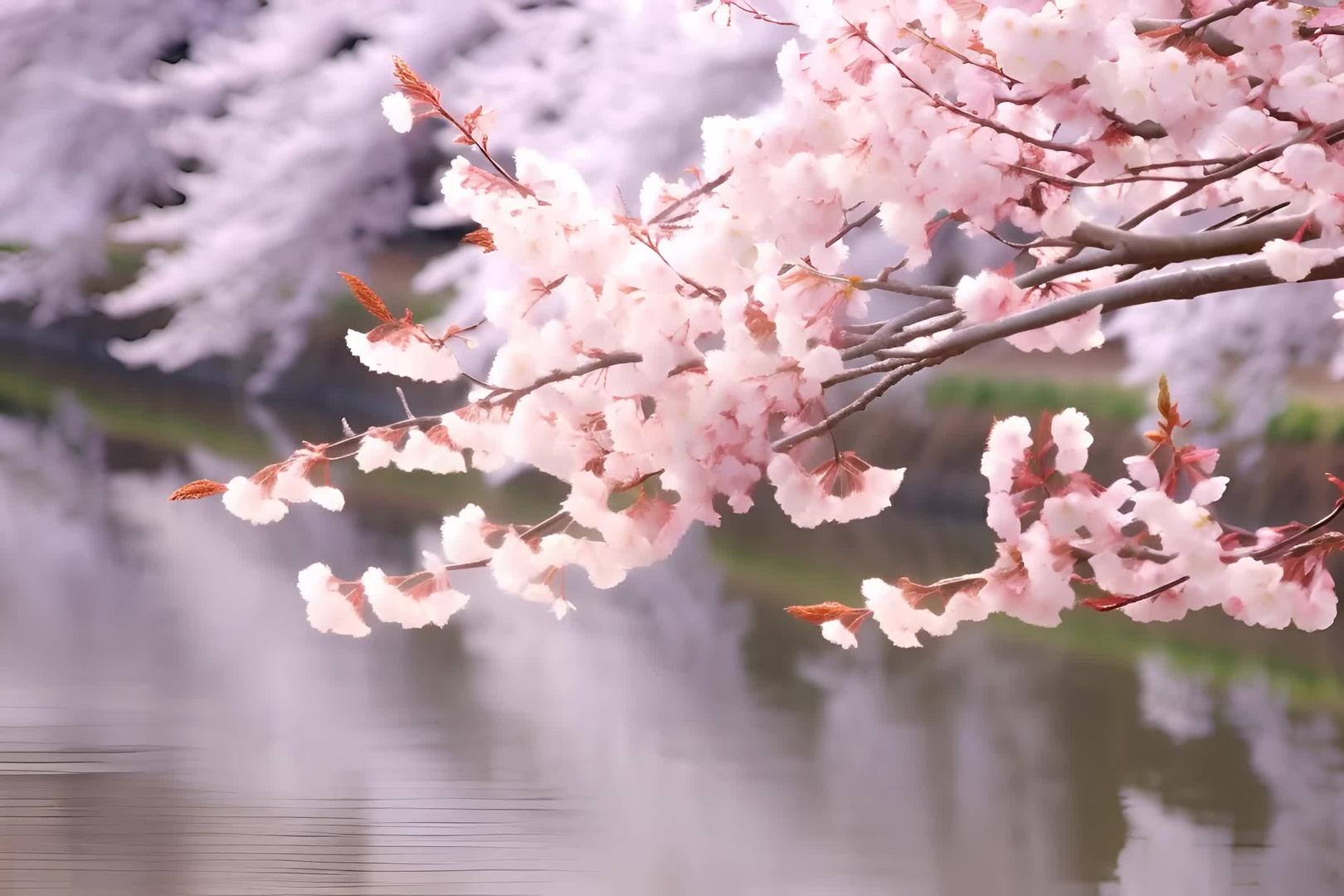粉红色的花树和河流视频的预览图