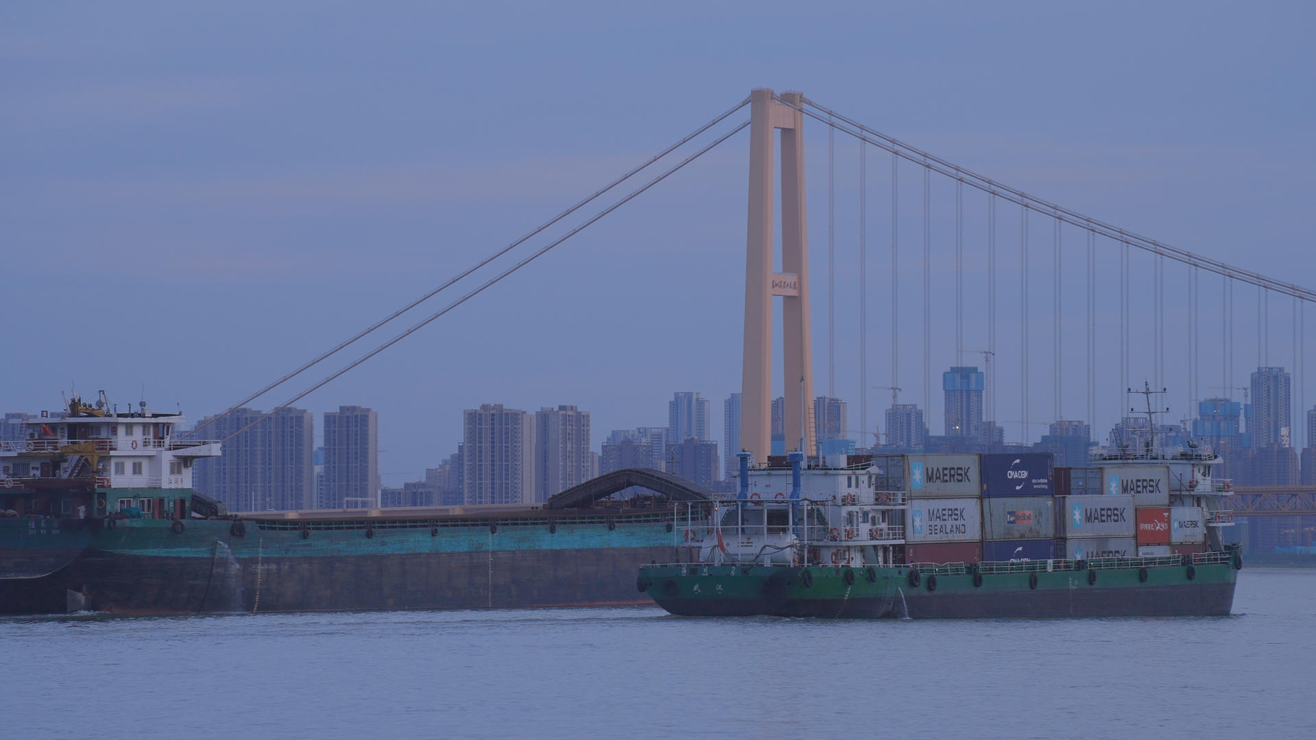城市地标武汉杨泗港长江大桥货运物流货轮集装箱4k素材视频的预览图