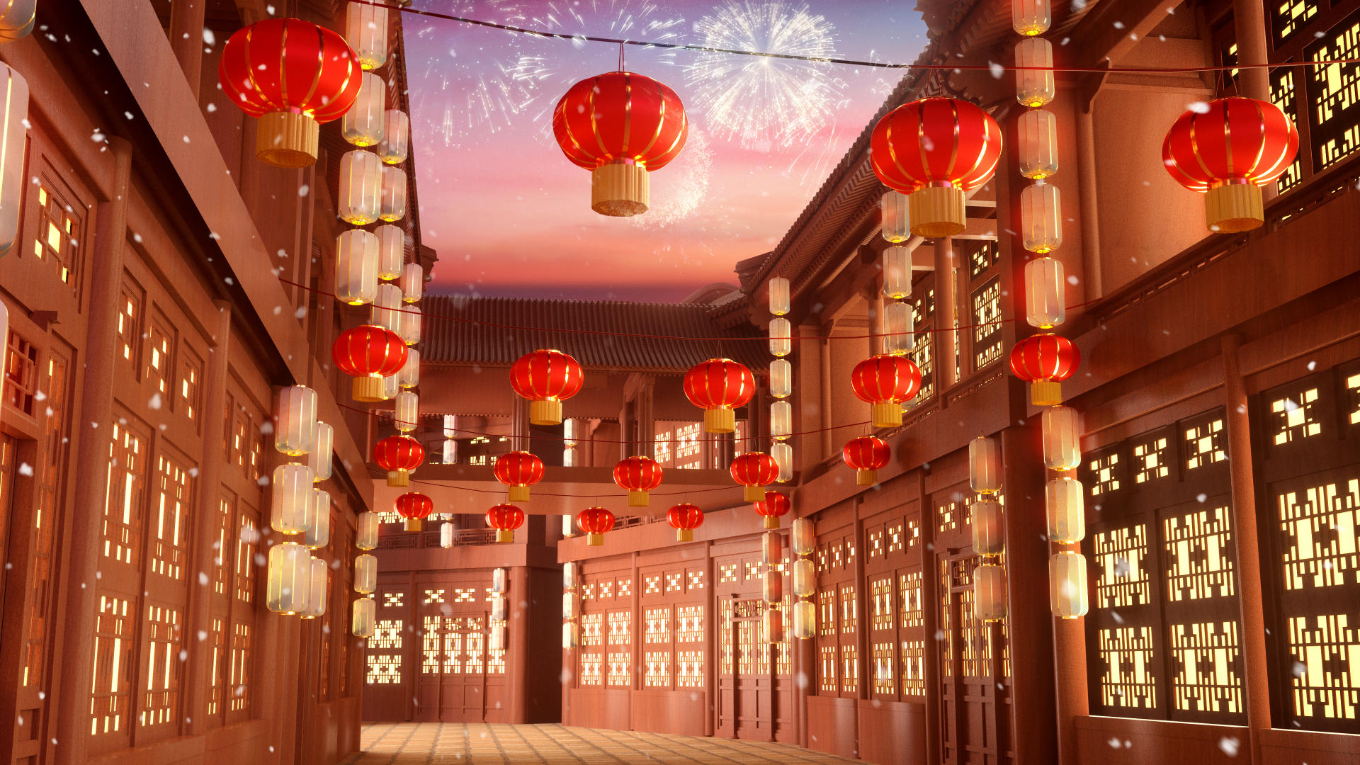 喜庆古建筑新年烟花飘雪背景视频视频的预览图