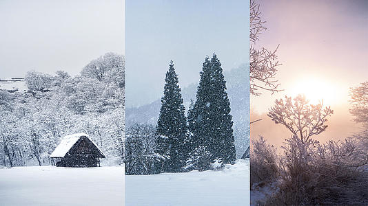 冬天山村里的雾凇山脚下是白雪皑皑的森林小屋视频的预览图