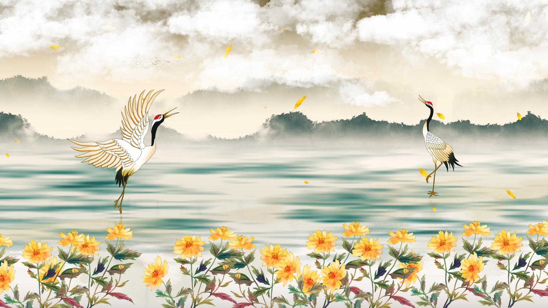 重阳节背景中国风双鹤远山菊花视频的预览图
