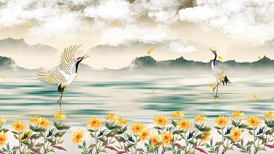 重阳节背景中国风双鹤远山菊花视频的预览图