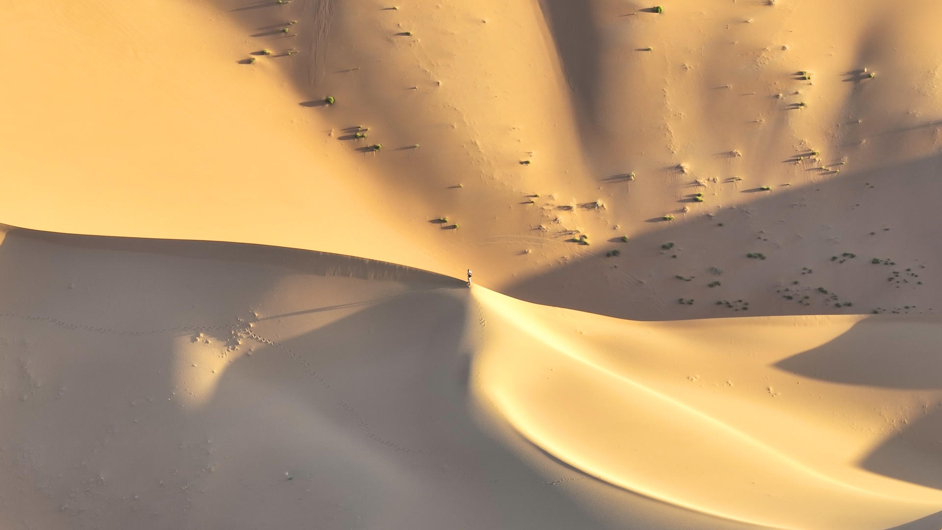 在沙漠无人区的沙丘上行走和攀登的人4k素材视频的预览图