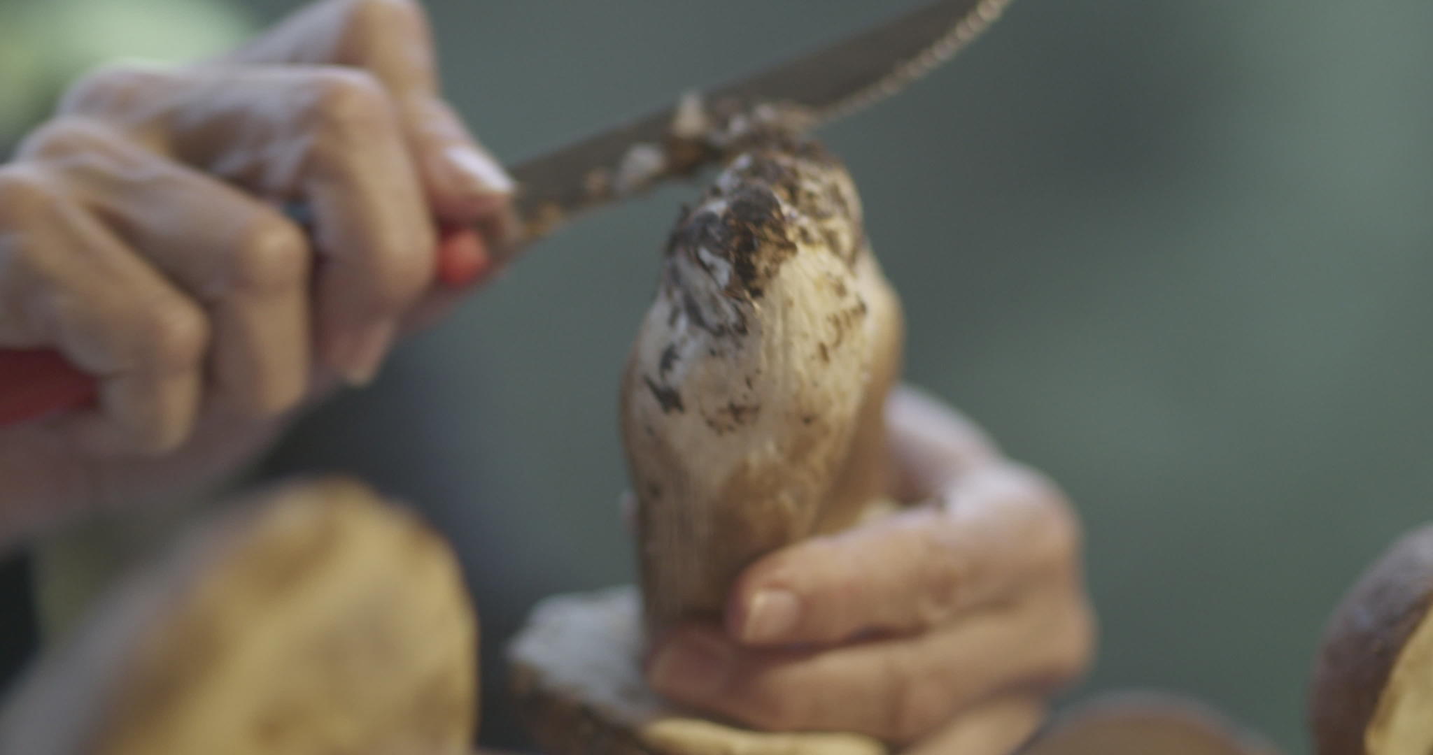 用刀清洗新鲜猪肉牛排桌上的薄饼蘑菇视频的预览图