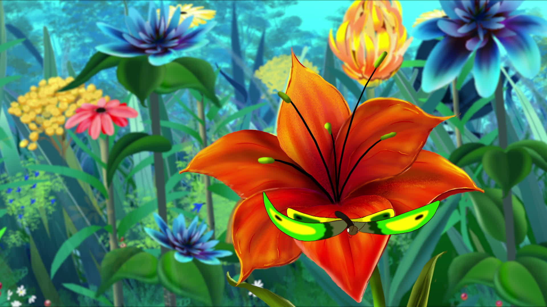 草原上的绿色蝴蝶和花朵视频的预览图