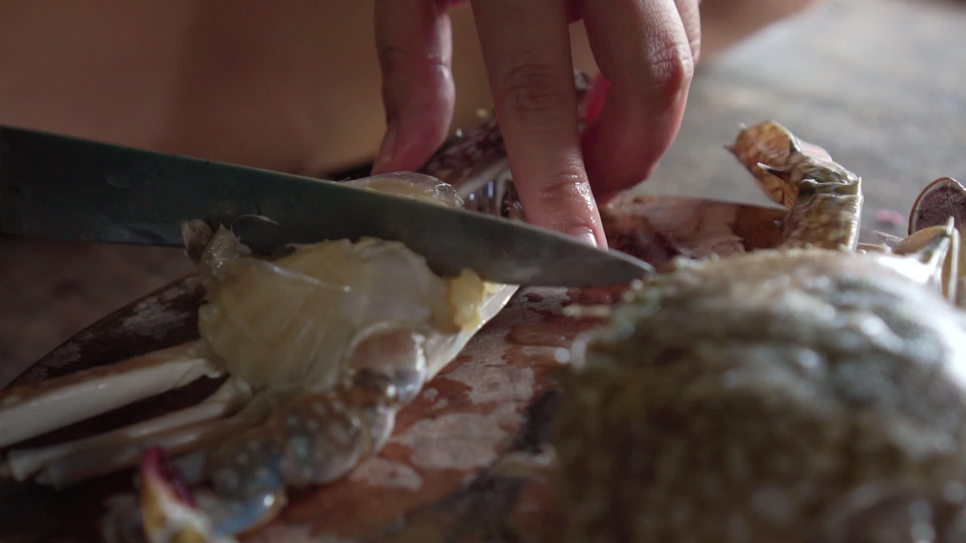 亚洲女士试图用刀切螃蟹开胃菜泰国海鲜慢动作视频的预览图