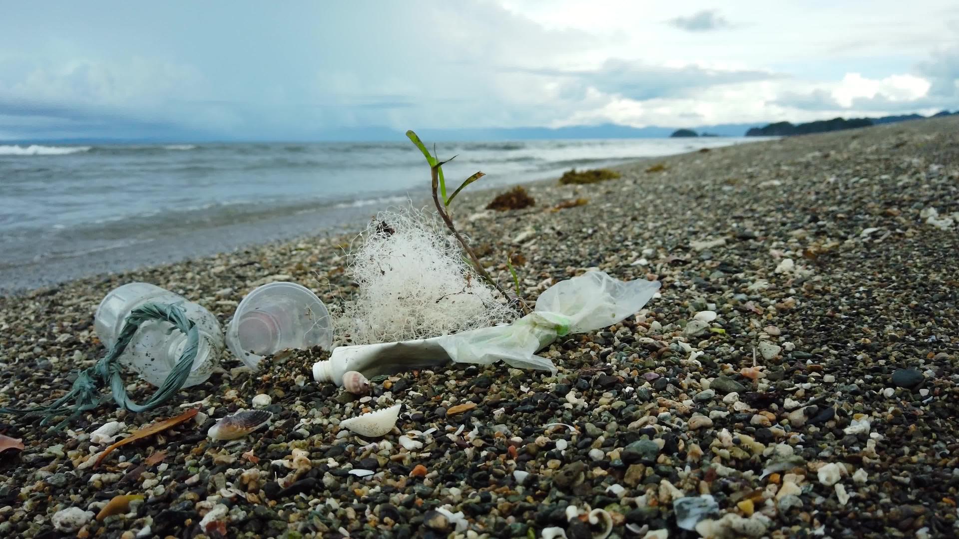 海滩被塑料和废物污染了视频的预览图