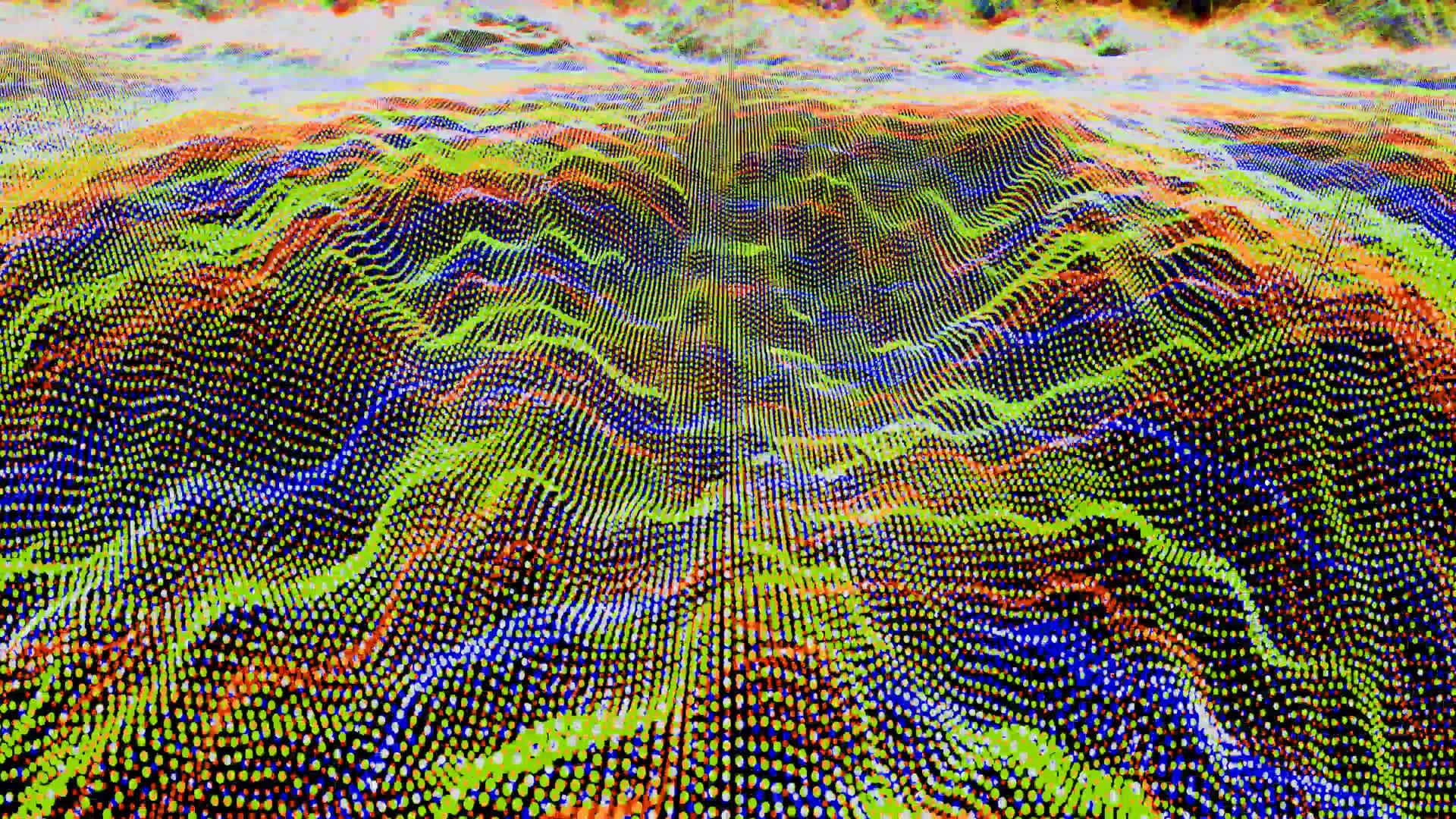 未来派抽象绿色红光黄色和深蓝色飞过波浪形音频音乐视频的预览图