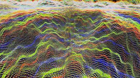 未来派抽象绿色红光黄色和深蓝色飞过波浪形音频音乐视频的预览图