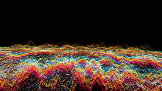 未来派抽象绿色红光黄色和深蓝色飞平移波音频音乐视频的预览图