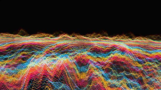 未来派抽象红、蓝、黄波球振荡可视化波技术数字表面和粒子视频的预览图