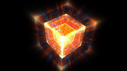 神秘的立方体核心全能表面和周围模糊的无限火焰电源视频的预览图