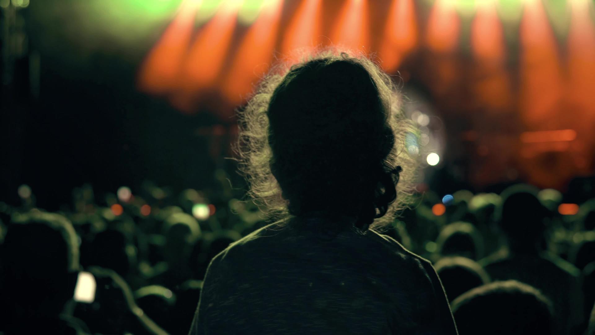 在音乐节上一个音乐迷女孩站在某人的肩膀上公开音乐会视频的预览图