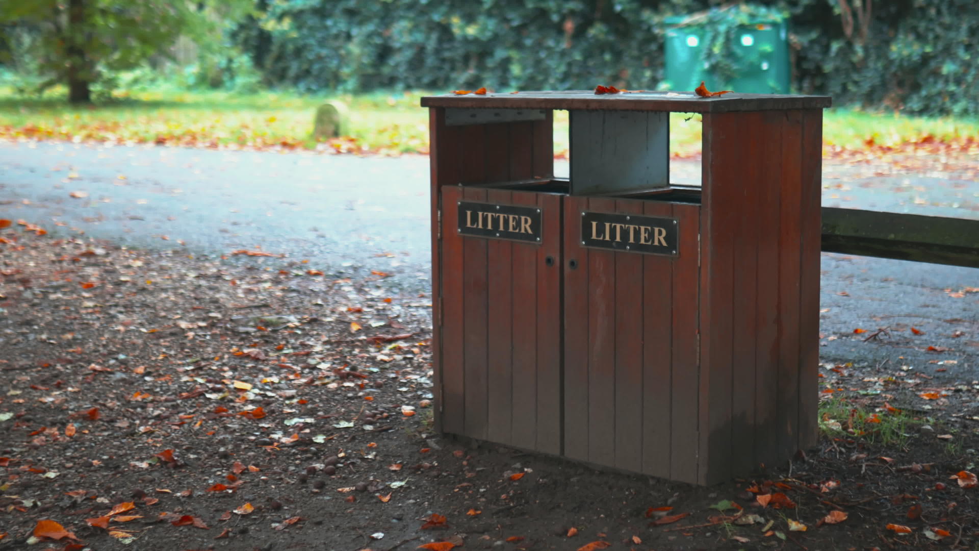 有两个垃圾桶被秋叶包围着人们从后面经过视频的预览图
