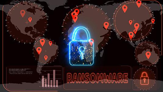 黑客加密红色数字技术大数据锁被世界地图上的雷达探测到视频的预览图