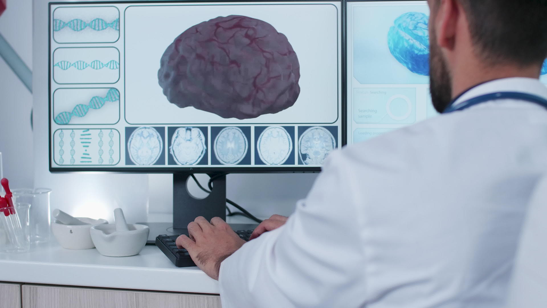 3D医生在大脑扫描前拿着枪视频的预览图