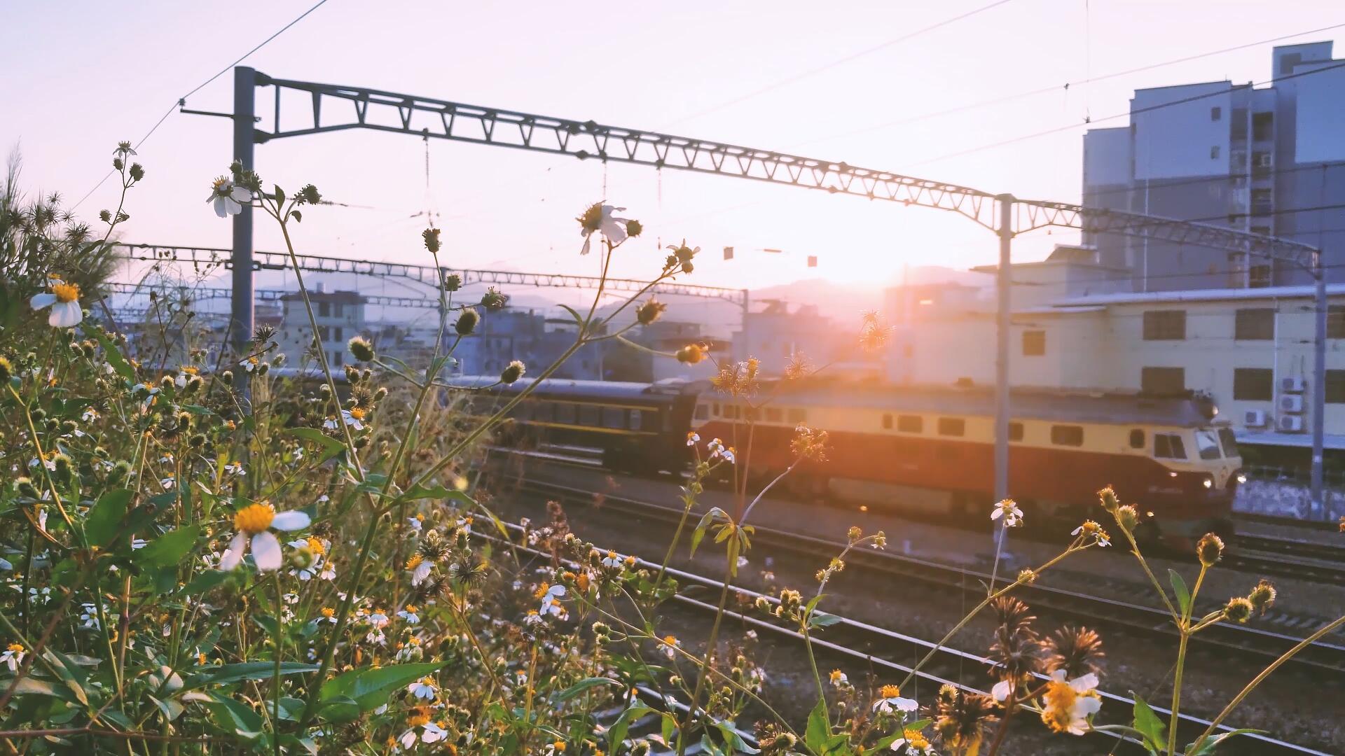 夕阳黄昏下老旧绿皮客运火车视频的预览图