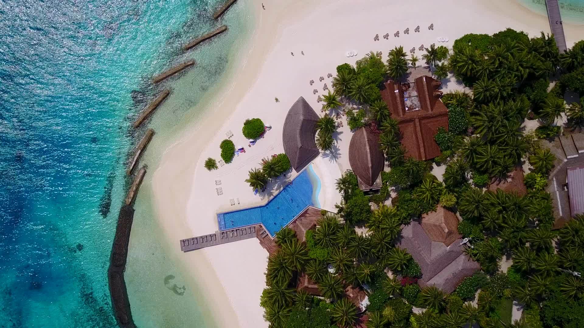 豪华岛屿海滩旅行的广角性质是透明的水和靠近冲浪的清洁视频的预览图