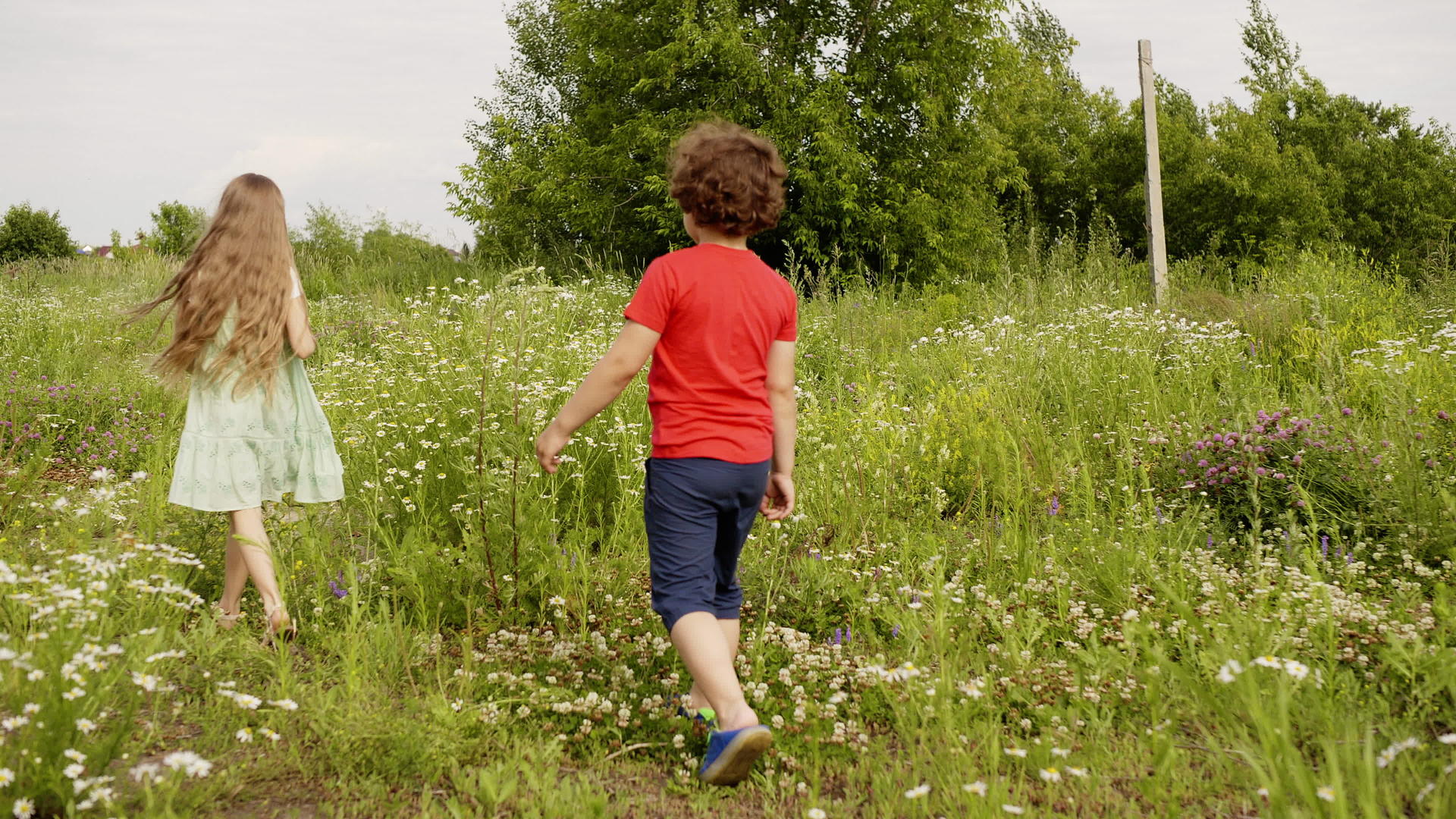 暑假期间年轻的男女孩子们在草地上散步视频的预览图