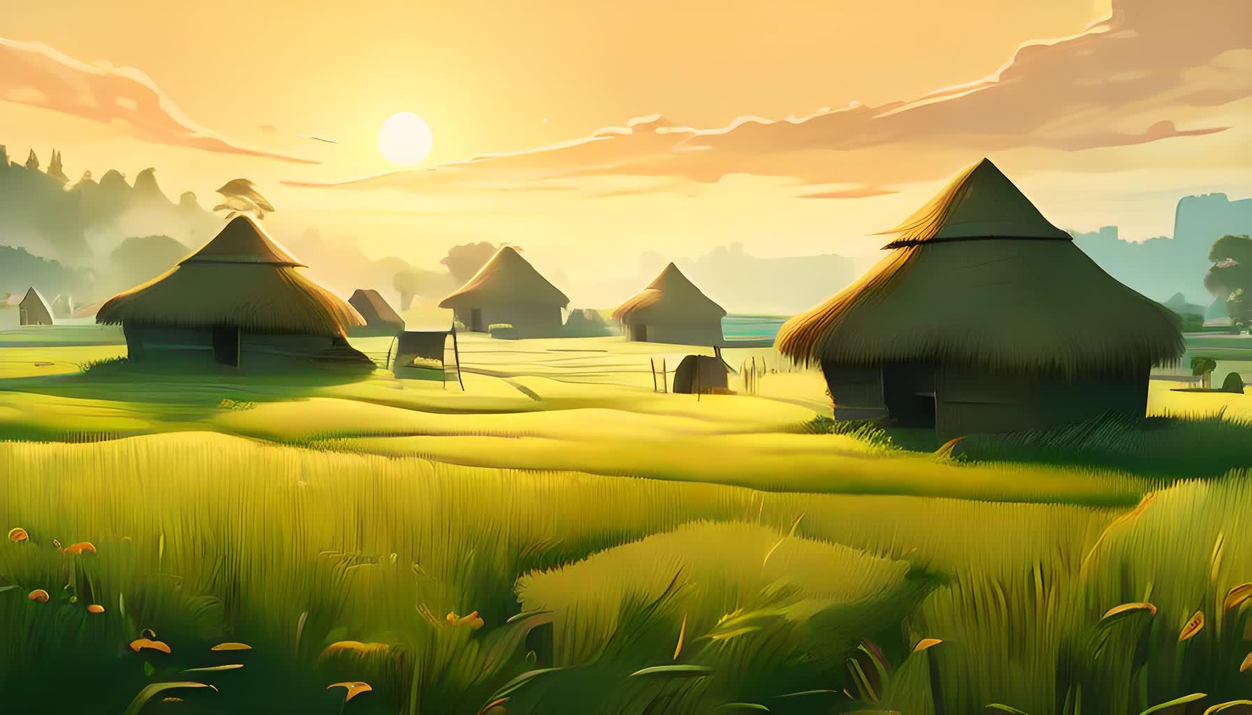 夏季小满节气绿水稻田野村落风景数字艺术视频的预览图