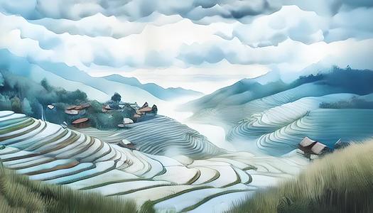 春季谷雨梯田水墨水彩中国风景数字艺术视频的预览图