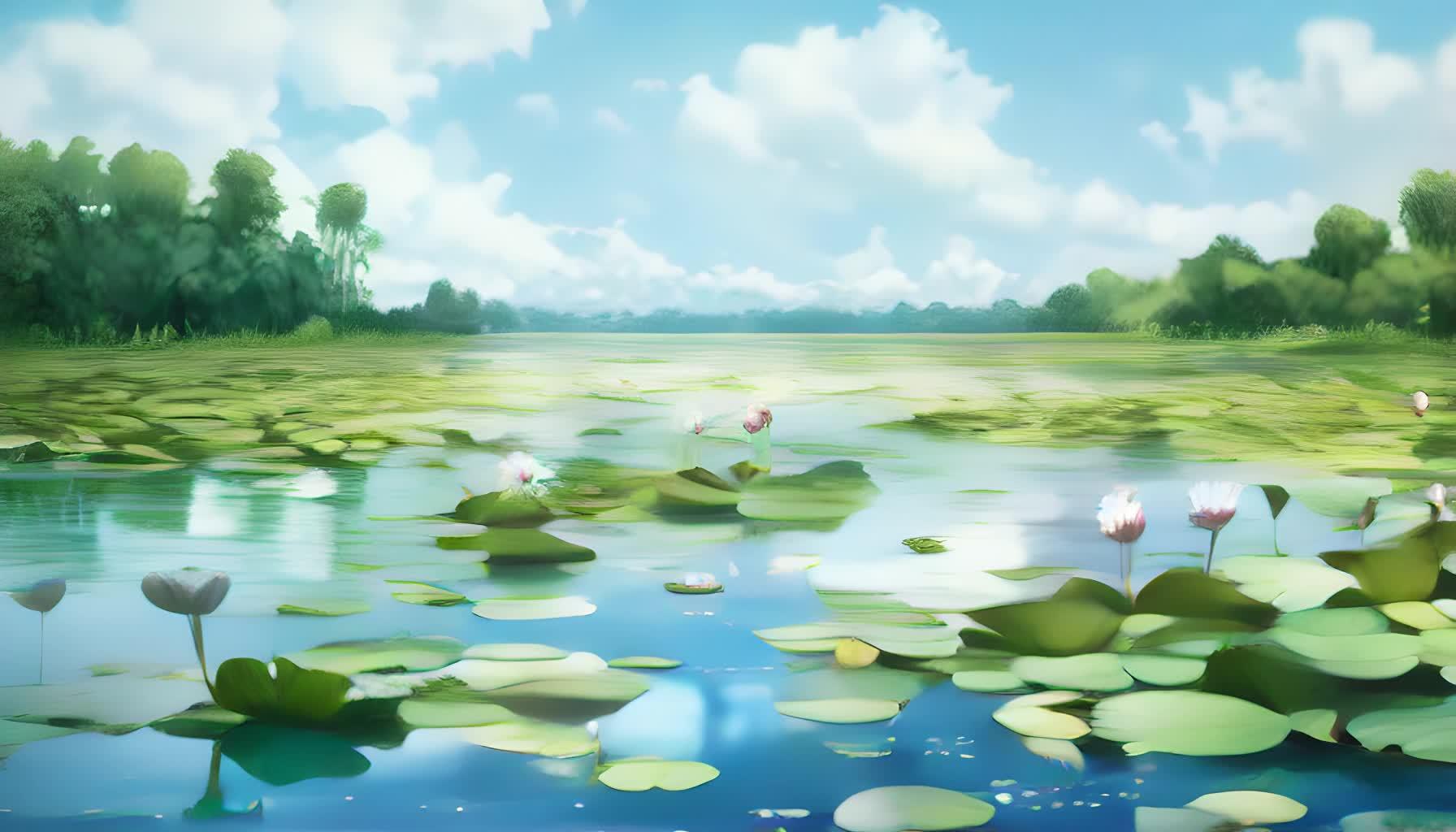 水墨水彩晕染中国夏季荷花湖景数字艺术视频的预览图
