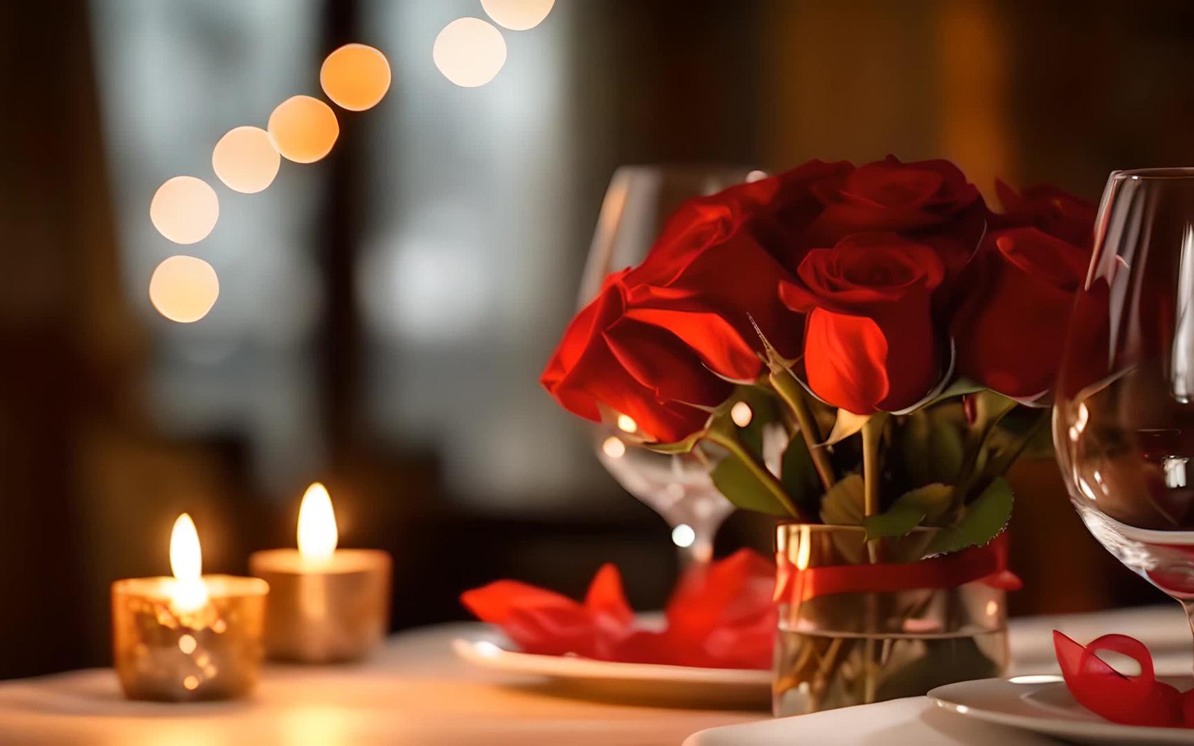 红色浪漫玫瑰晚餐蜡烛晚餐视频的预览图