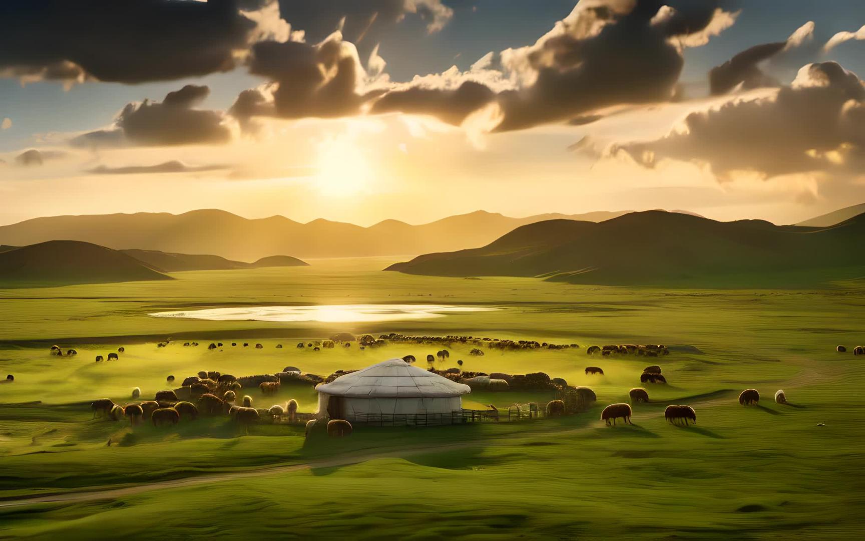 蒙古包在草原上游牧视频的预览图