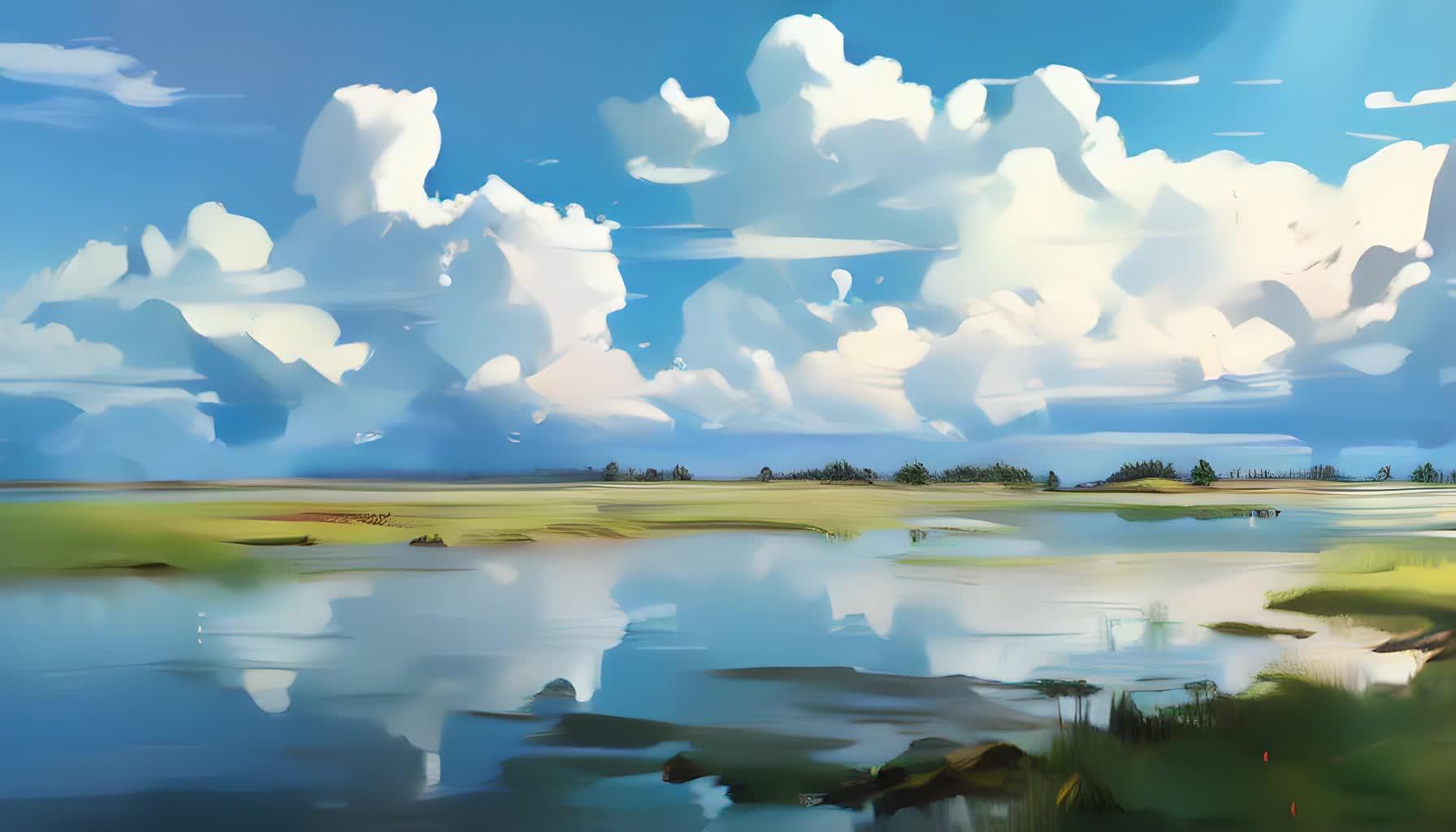 高高的白云天上绿草如茵湖边风景优美视频的预览图