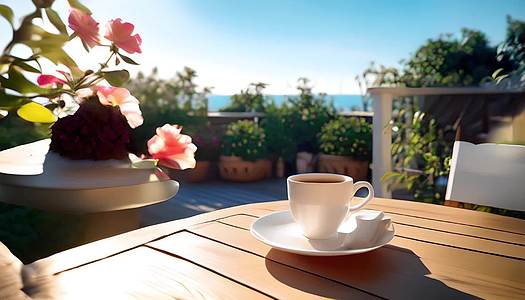 美丽的露台花园早晨咖啡视频的预览图