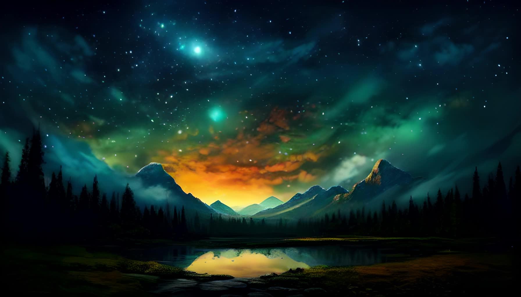 梦幻星空下美丽的雪山和湖泊风景数字艺术视频的预览图