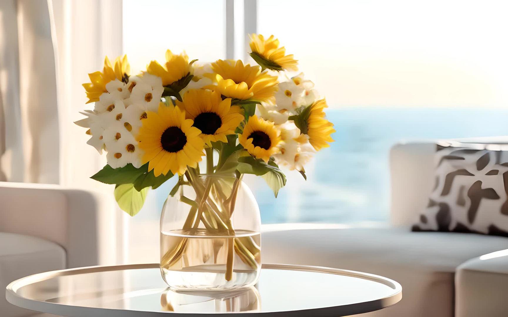 简约家居玻璃花瓶中美丽的向日葵视频的预览图