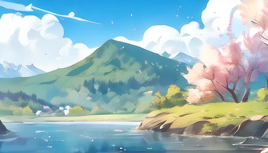 湖边开着粉红色的花树远处的高山卡通风景视频的预览图