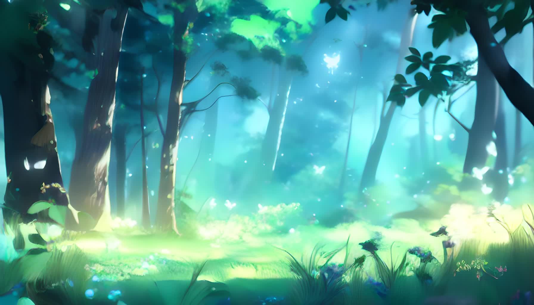 梦幻般的蝴蝶在美丽的梦幻卡通森林中飞翔视频的预览图