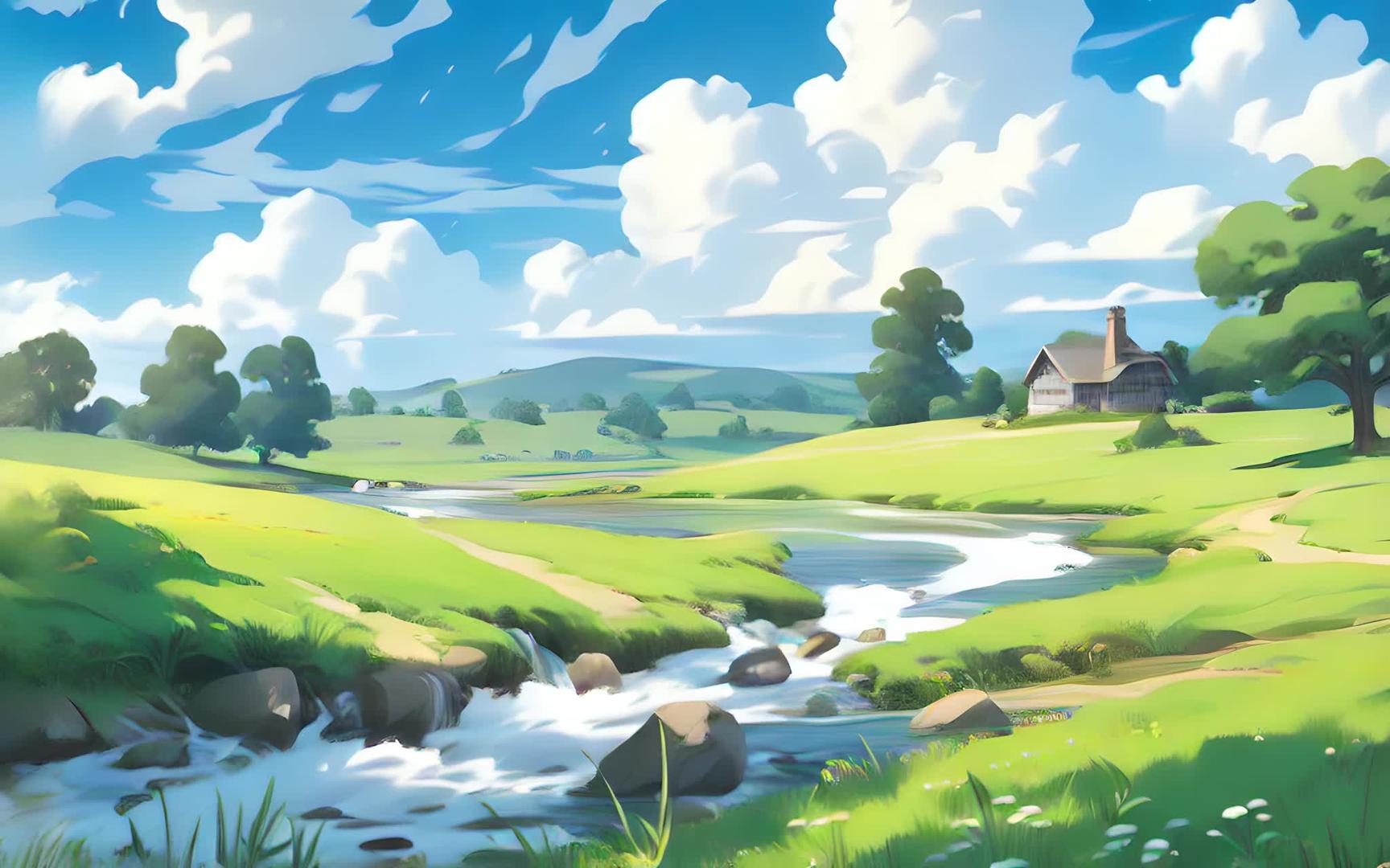 夏季草原风景如画乡村二次元插画视频的预览图