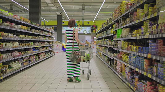30名戴着防护口罩的女性在超市寻找杂货进行检疫和购物视频的预览图